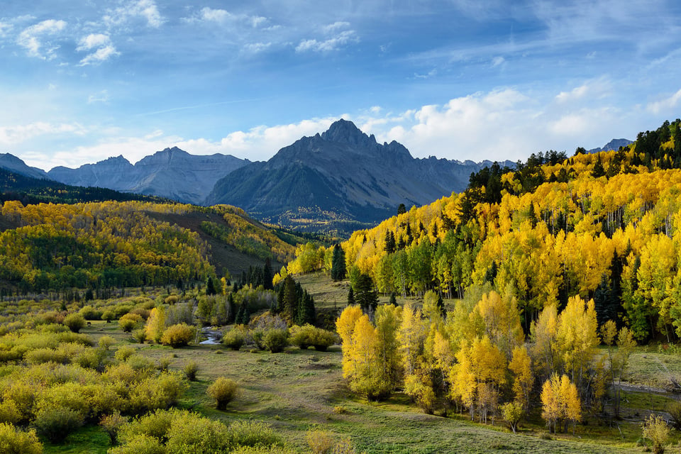 This sample photo from the Nikon D600 shows Mount Sneffels in Colorado with yellow aspen trees during fall.