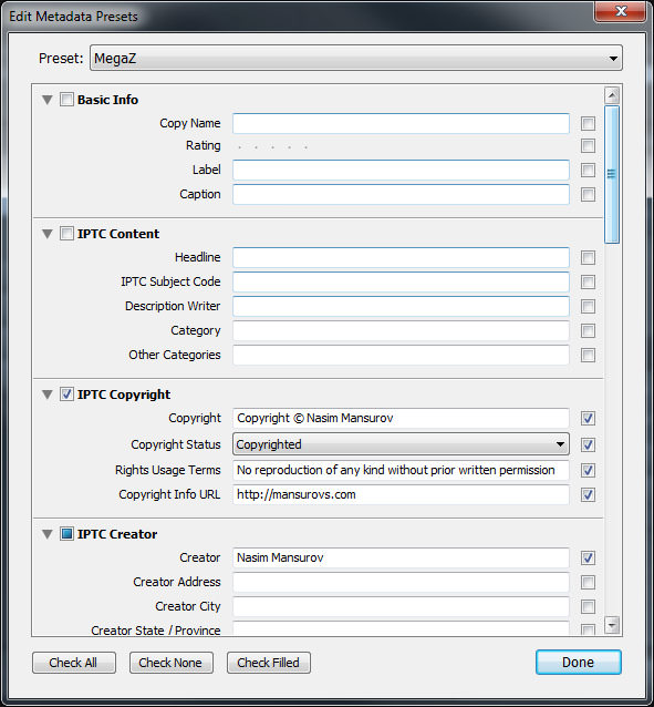 Lightroom Edit Metadata Presets