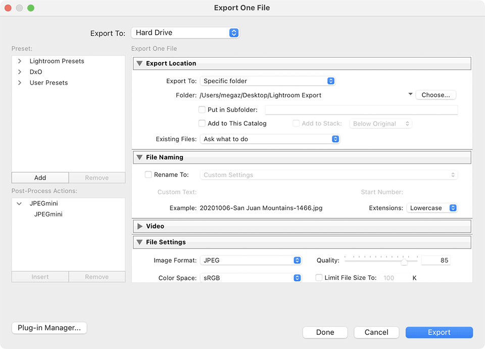 Lightroom Classic CC Export File