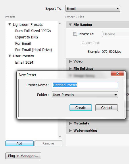 Add New Email Preset in Lightroom