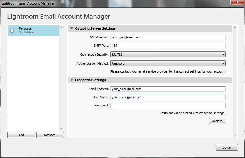 Lightroom Email Account Settings