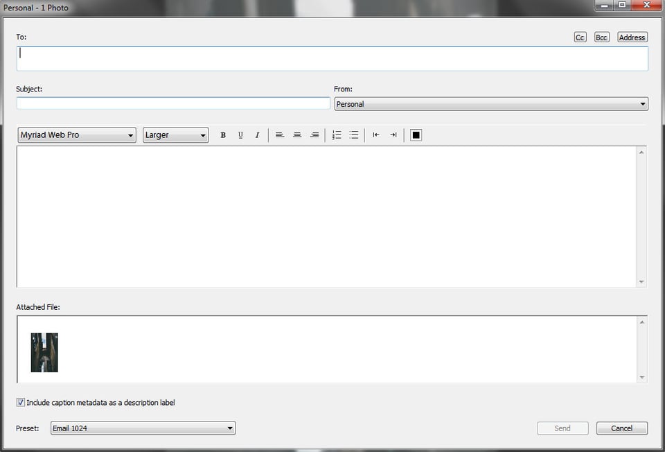 New Email Window in Lightroom