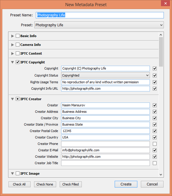 Lightroom New Metadata Preset