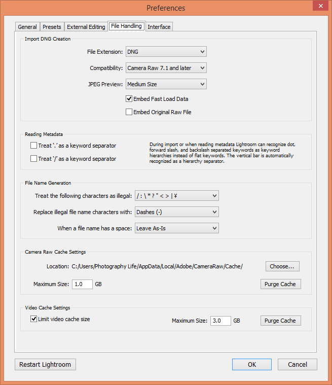 Lightroom Preferences - File Handling Tab