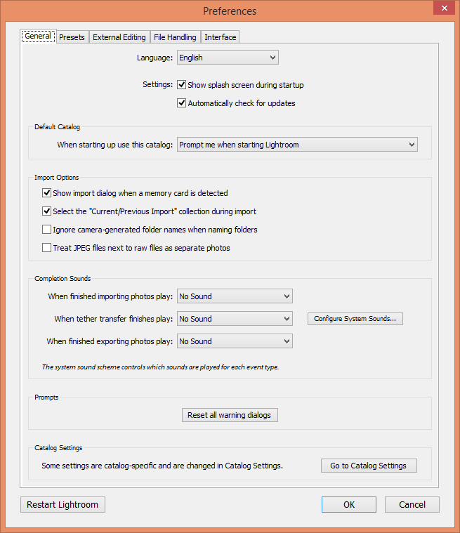 Lightroom Preferences - General Tab