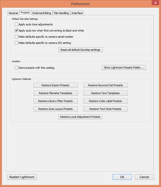 Lightroom Preferences - Presets Tab