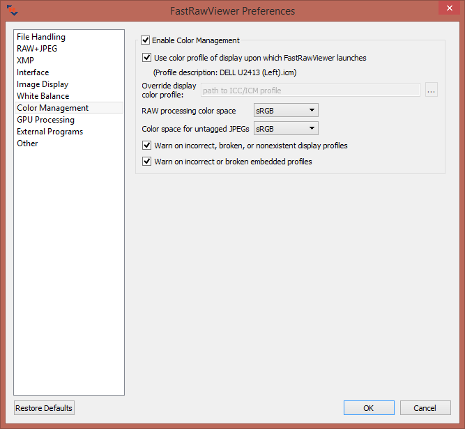 FastRawViewer Color Management