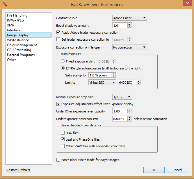 FastRawViewer Preferences Image Display