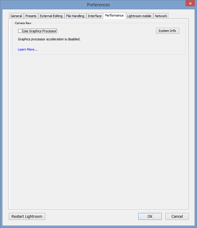 Lightroom 6 GPU Disabled