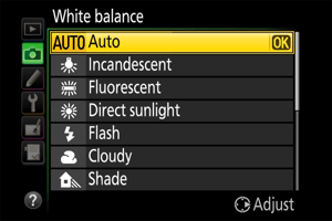 White Balance Camera Menu