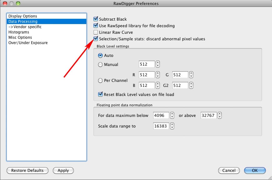 Figure 14. RawDigger. Filtering out the outliers