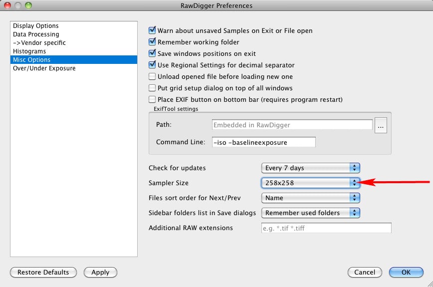 Figure 15. RawDigger. Setting Sampler Size