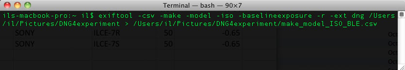 Figure 1. ExifTool. Reading ISO and Baseline Exposure values from dng files and saving them as a .csv file