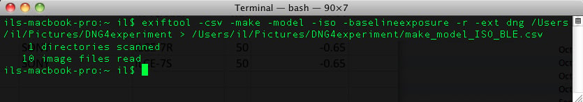 Figure 2. .csv file containing ISO/BLE data for all the .dng files in the folder is created