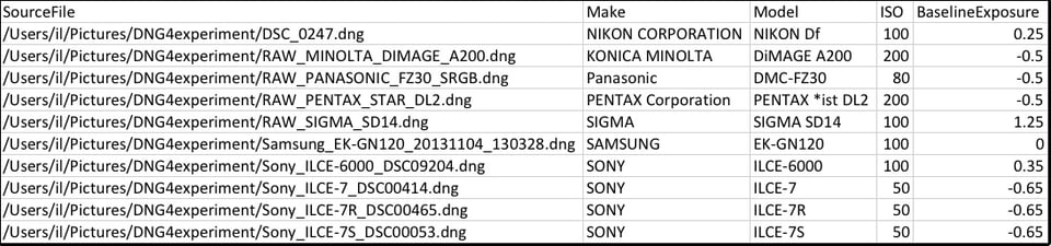 Figure 3. .csv data retrived from .dng files