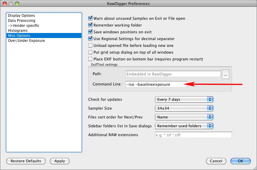 Figure 4. RawDigger. Command line for reading ISO and Baseline Exposure from .dng file