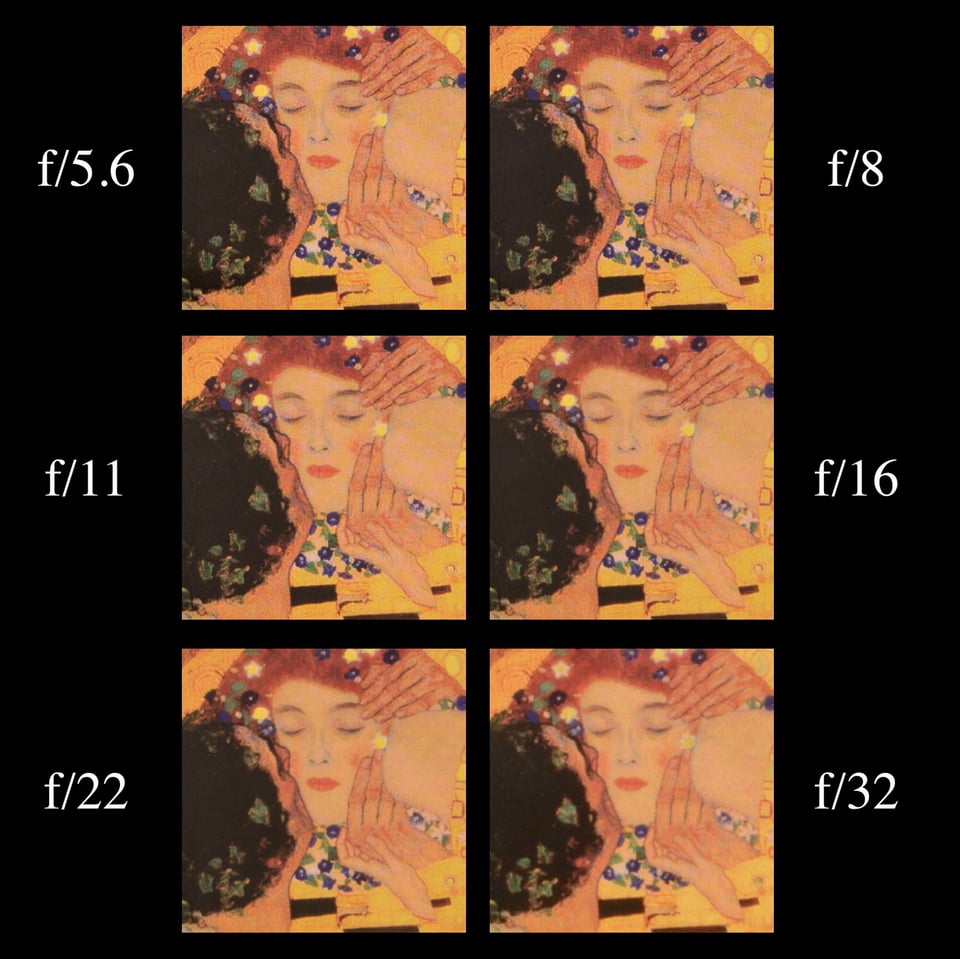 Levels of diffraction in 100% crops at different f-stops, from f/5.6 to f/32