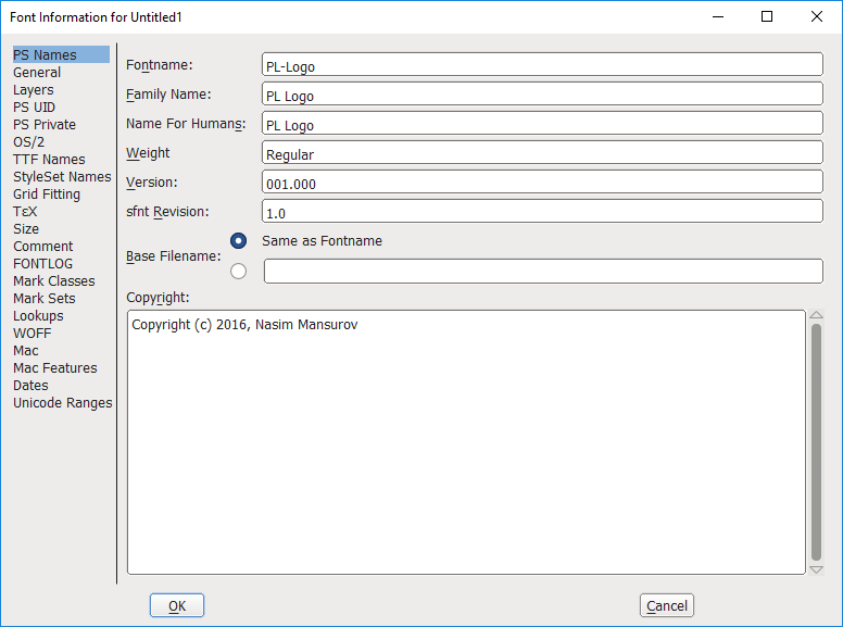 FontForge Font Information