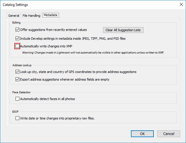 Lightroom Automatically Write Changes to XMP