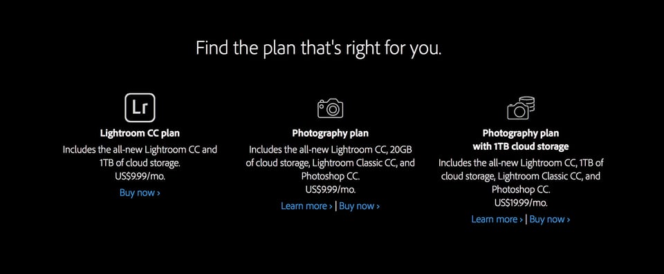 Adobe purchasing plans for Lightroom