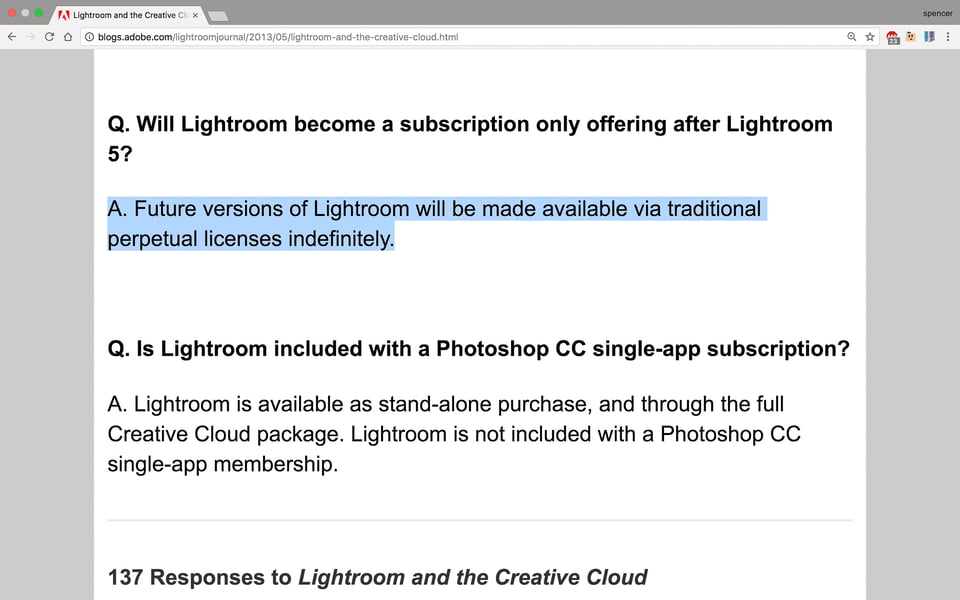 Standalone Lightroom will be offered indefinitely