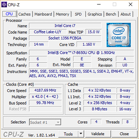 Surface Book 2 CPU-Z Starting Point