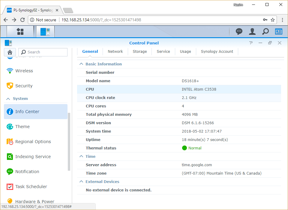 Synology DSM Info Screen