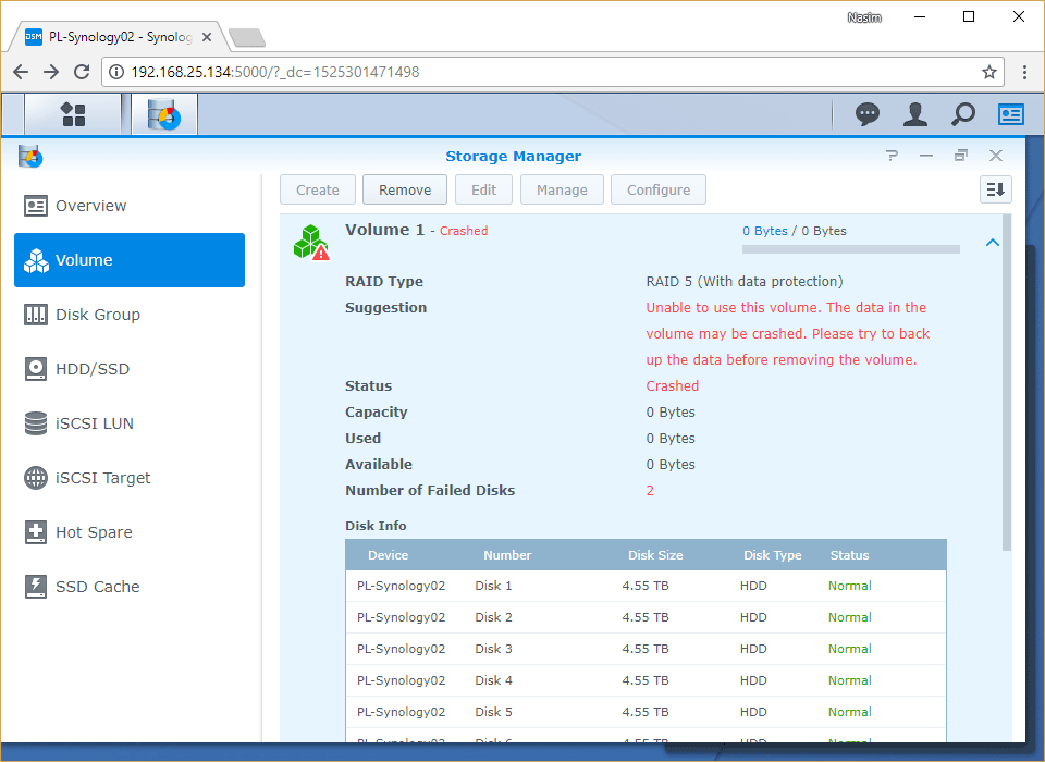 Synology Storage Manager Remove Crashed Volume