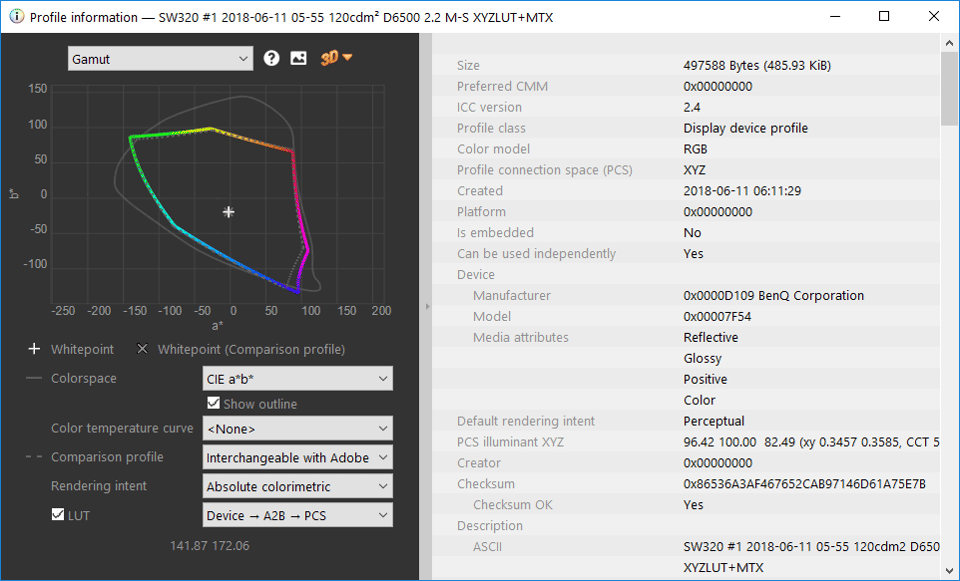 BenQ SW320 DisplayCAL Profile Information