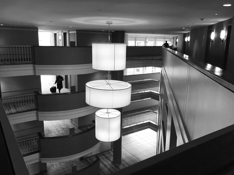 Black and White Photo Inside Hotel