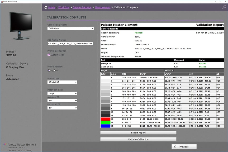 Palette Master Calibration Verification