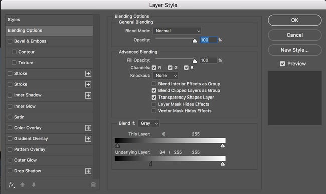 Settings for Blend If Underlying Layer