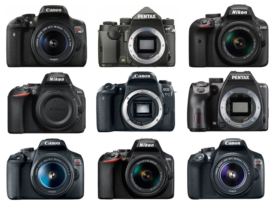 An entry-level DSLR is the perfect first camera for a beginner photographer. This image shows nine current beginner DSLRs.