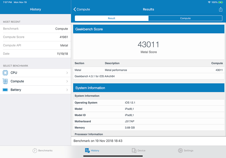 iPad Pro 2018 Geekbench 4 Compute Score