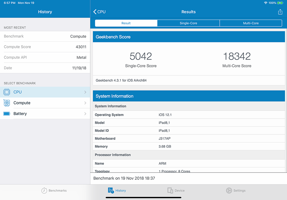 iPad Pro 2018 Geekbench 4 Score