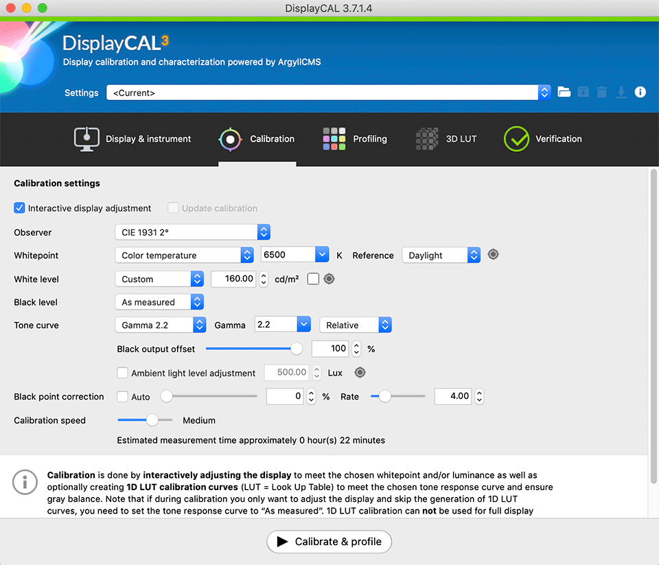 DisplayCAL Calibration Tab for SW271