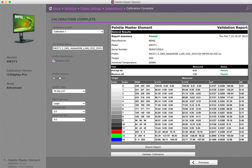 Palette Master Calibration Verification