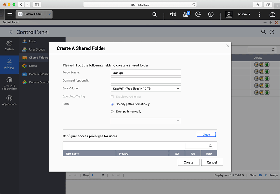 QNAP Create Shared Folder
