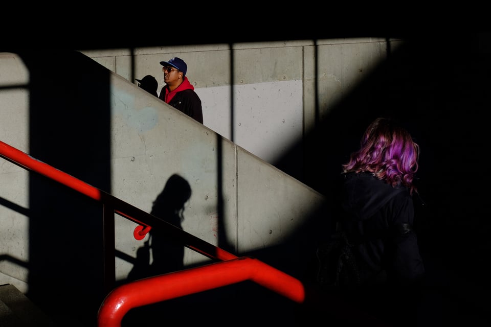 Red Coat and Purple Hair