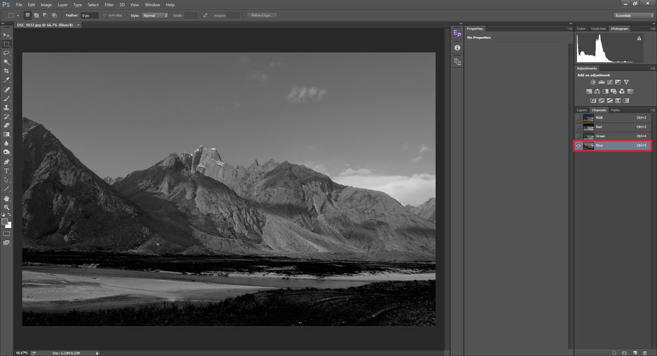 The blue channel in Photoshop color mixer is used to convert image to black and white