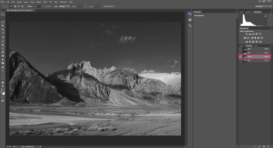 The green channel in Photoshop color mixer is used to convert image to black and white
