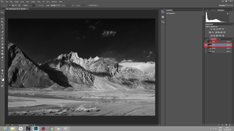 The red channel in Photoshop color mixer is used to convert image to black and white