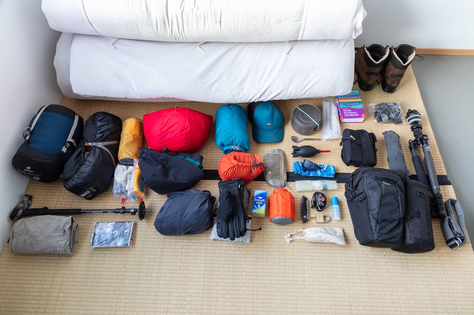 Camera and hiking equipment for an eight-month trip through South America