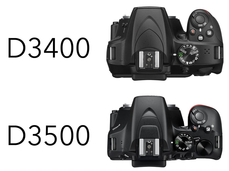 D3400 vs D3500 top view. This image compares the size and different grips on the Nikon D3400 and D3500 DSLRs.