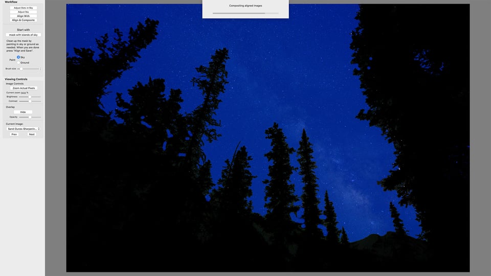 In this screenshot, you can see that Starry Landscape Stacker did not perfectly mask one tricky area of the trees. You will need to manually correct masking issues like this.