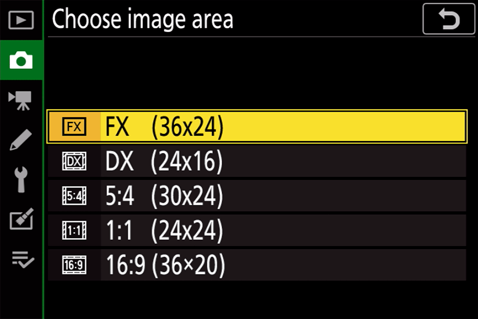 Nikon Image Area Menu