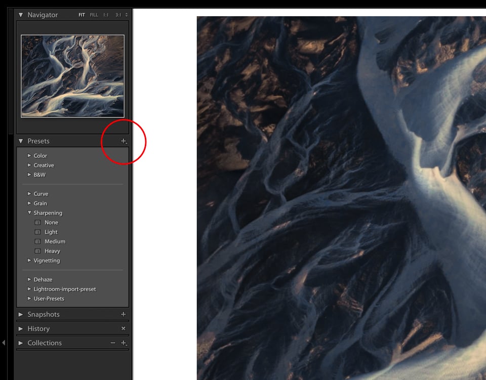 This screenshot of Lightroom shows how to add a new preset in the Develop module.