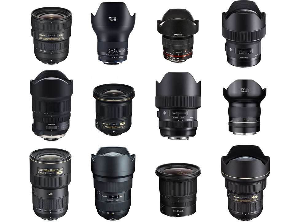 This illustration shows twelve of the best wide angle lenses for Nikon cameras side by side.
