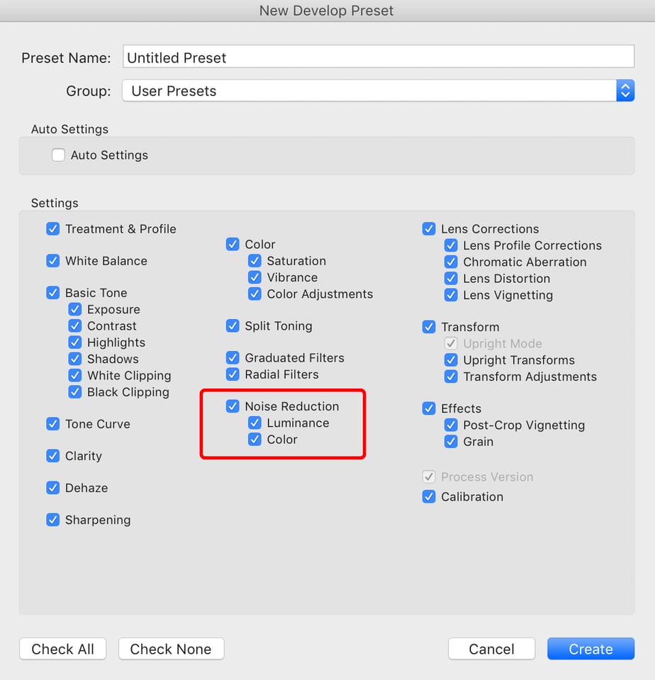 The "new develop preset" menu in Lightroom has options to add almost any post-processing setting to a preset. Here, I drew a red box around the noise reduction settings.