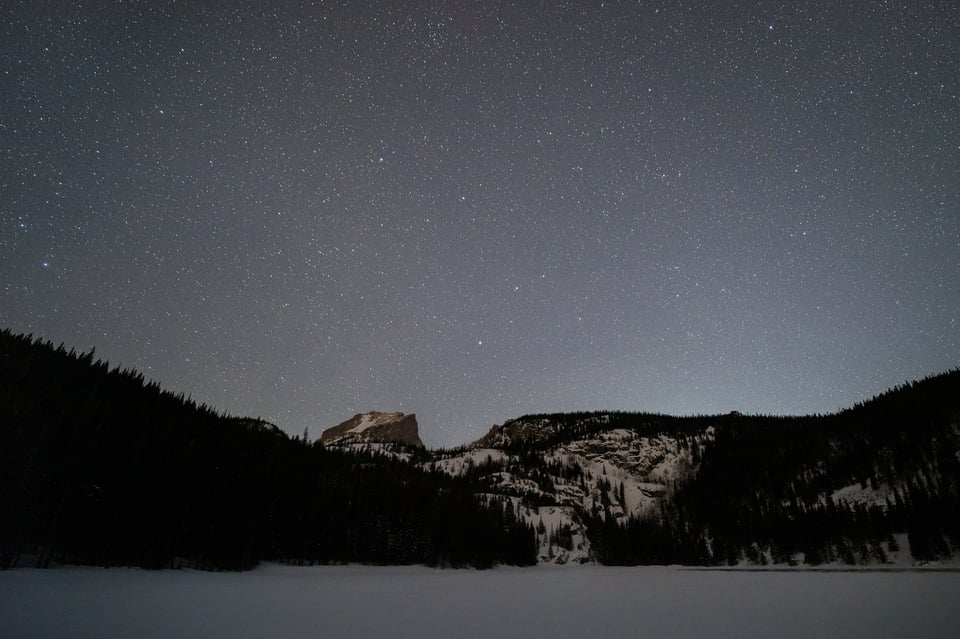 The Rokinon 14mm f/2.4 has the best performance I have ever seen for Milky Way and star photography. This photo shows the stars at night over Bear Lake in Rocky Mountain National Park, Colorado.